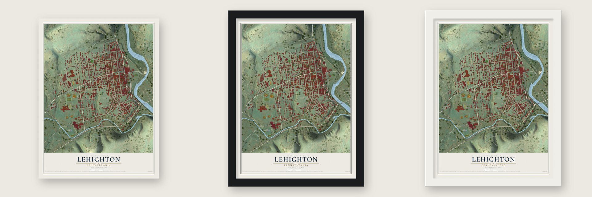 Lehighton, Pennsylvania map unframed, in a black wood frame and in a white wood frame