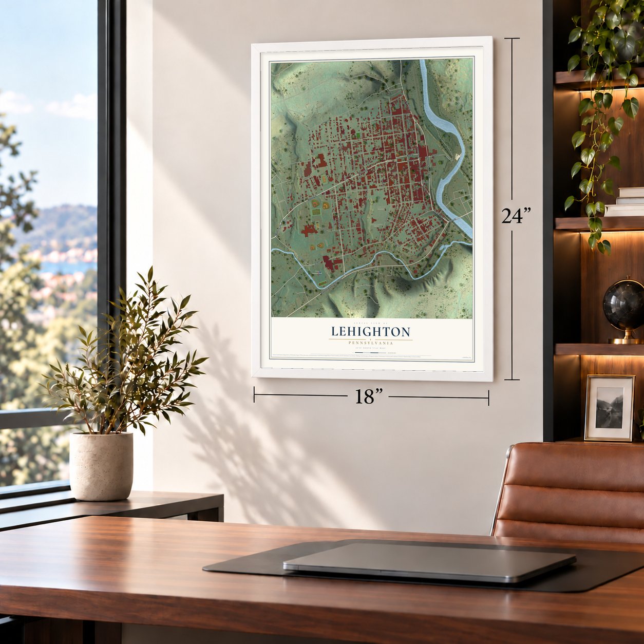 Lehighton, Pennsylvania map, 18 x 24 inch print in a white frame in a home office