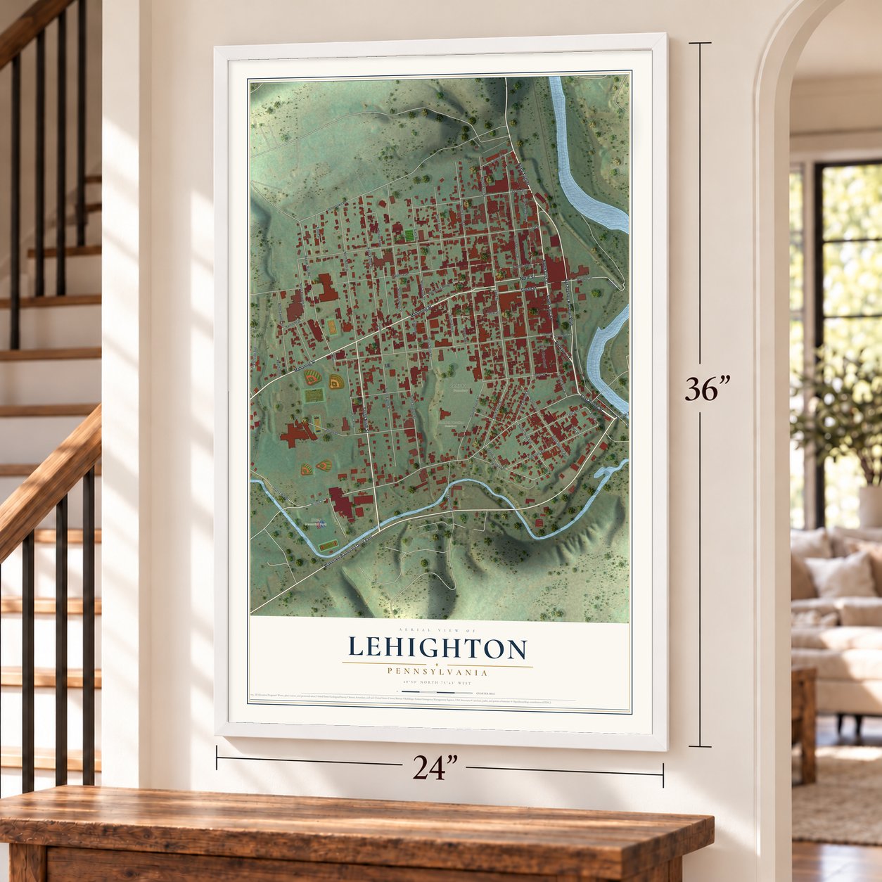 Lehighton, Pennsylvania map, 24 x 36 inch print in a white frame by a staircase