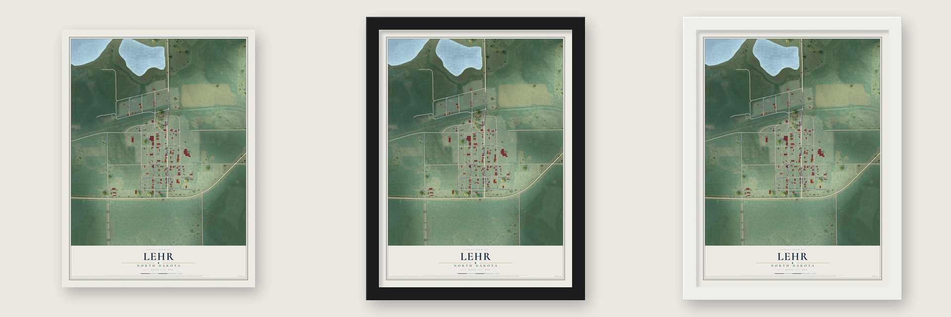 Lehr, North Dakota map unframed, in a black wood frame and in a white wood frame