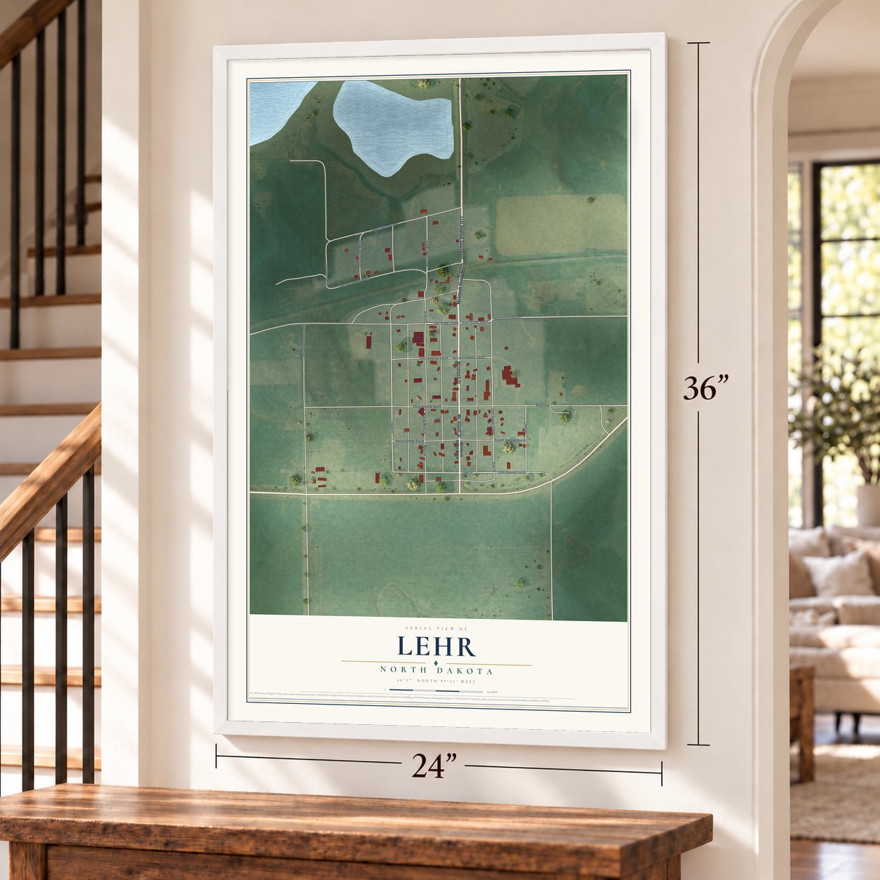 Lehr, North Dakota map, 24 x 36 inch print in a white frame by a staircase