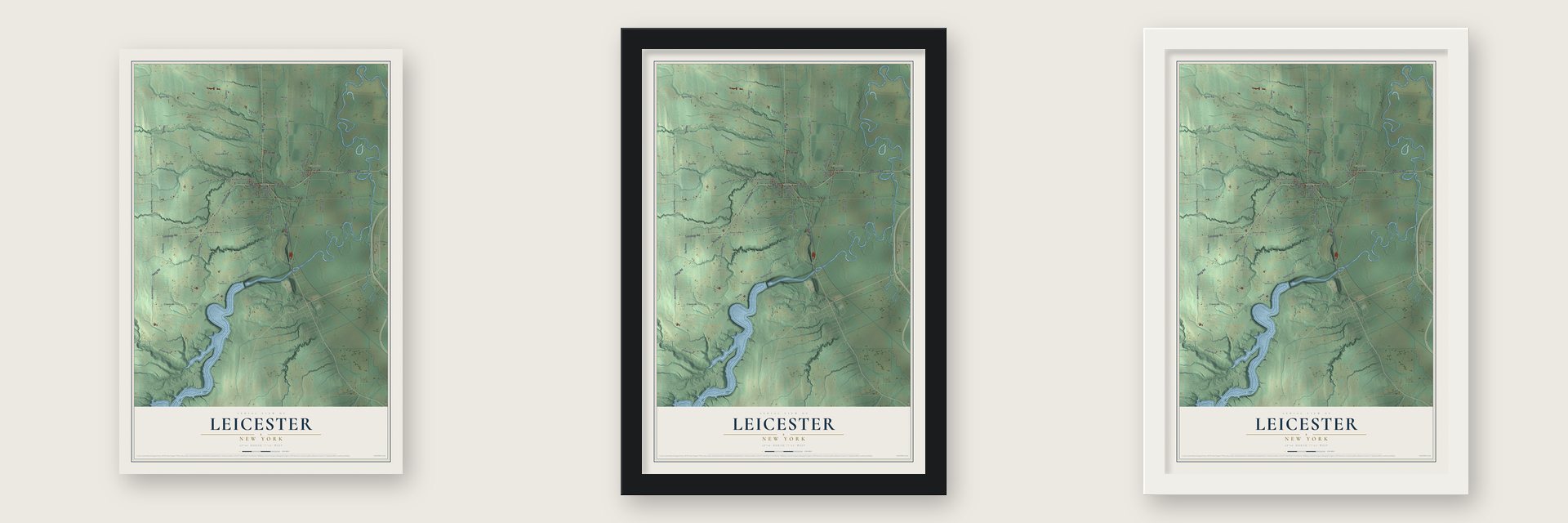 Leicester, New York map unframed, in a black wood frame and in a white wood frame