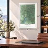 Leicester, New York map, 18 x 24 inch print in a white frame in a home office