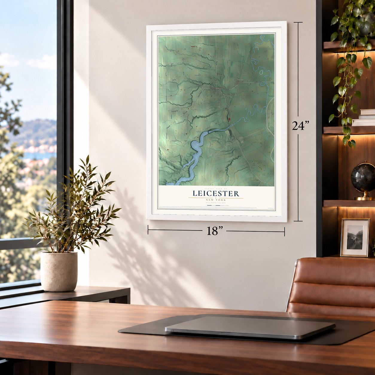 Leicester, New York map, 18 x 24 inch print in a white frame in a home office