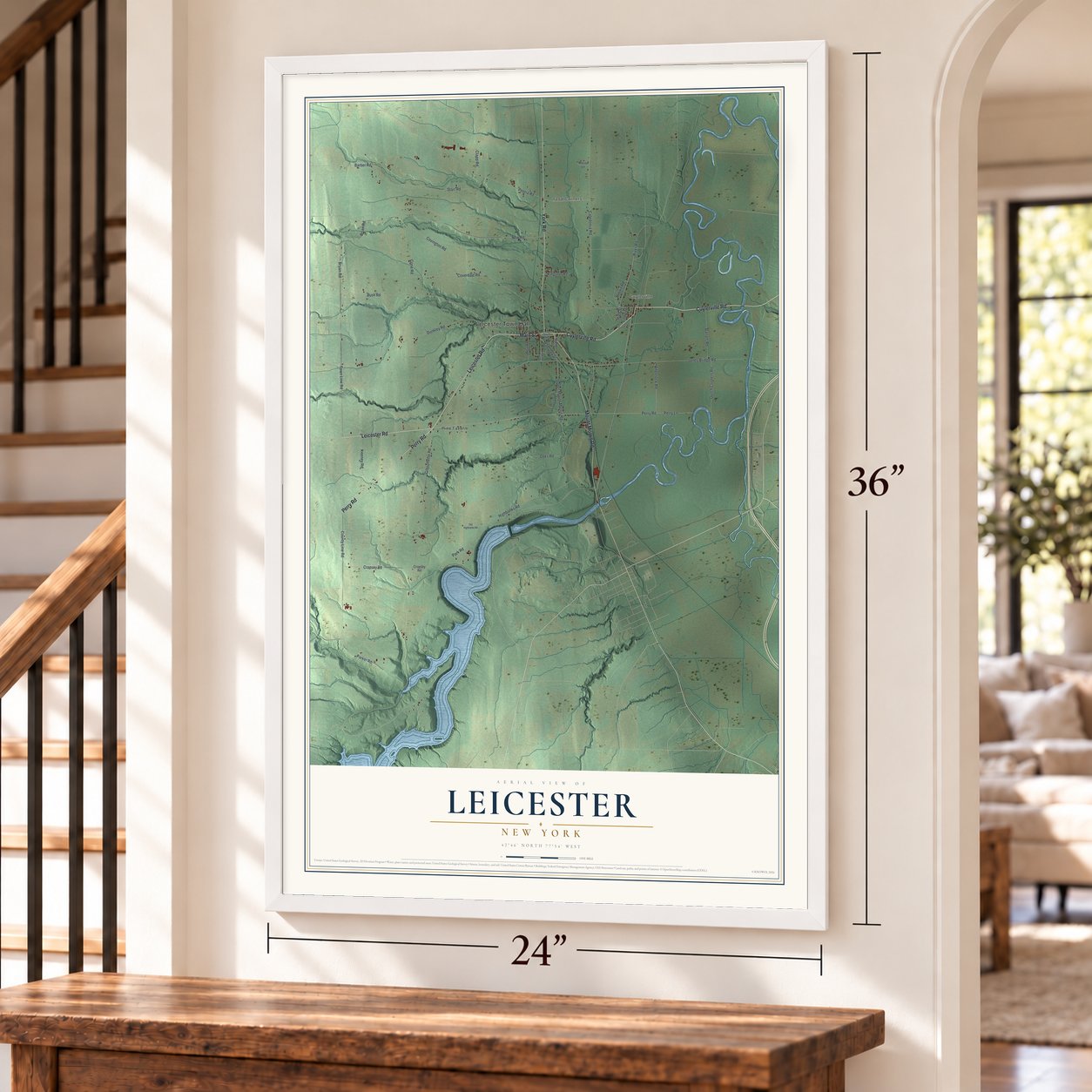 Leicester, New York map, 24 x 36 inch print in a white frame by a staircase