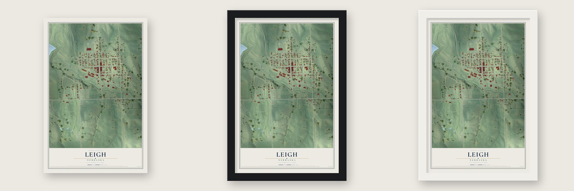 Leigh, Nebraska map unframed, in a black wood frame and in a white wood frame