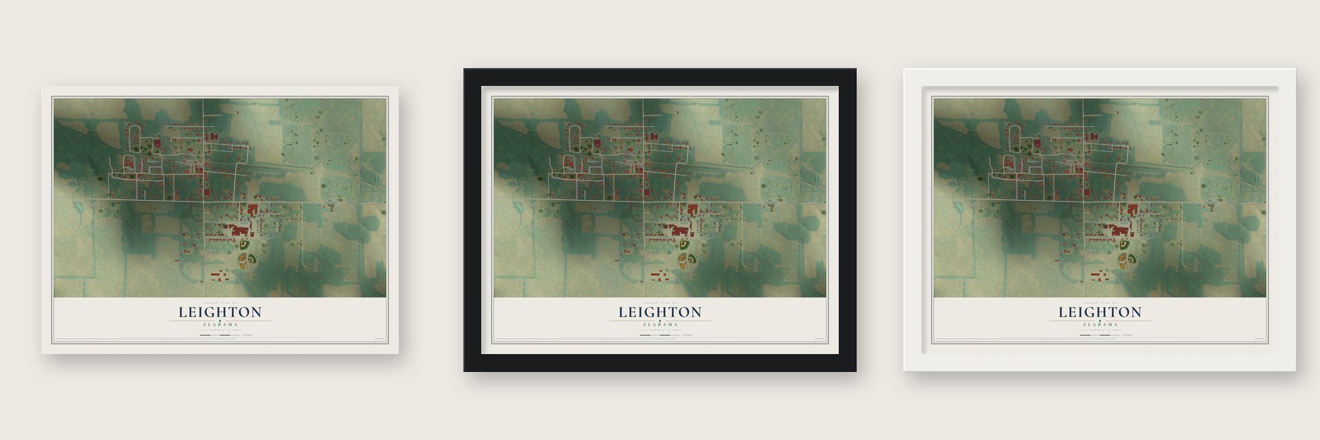 Leighton, Alabama map unframed, in a black wood frame and in a white wood frame