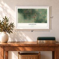 Leighton, Alabama map, 12 x 18 inch print in a white frame in an entryway