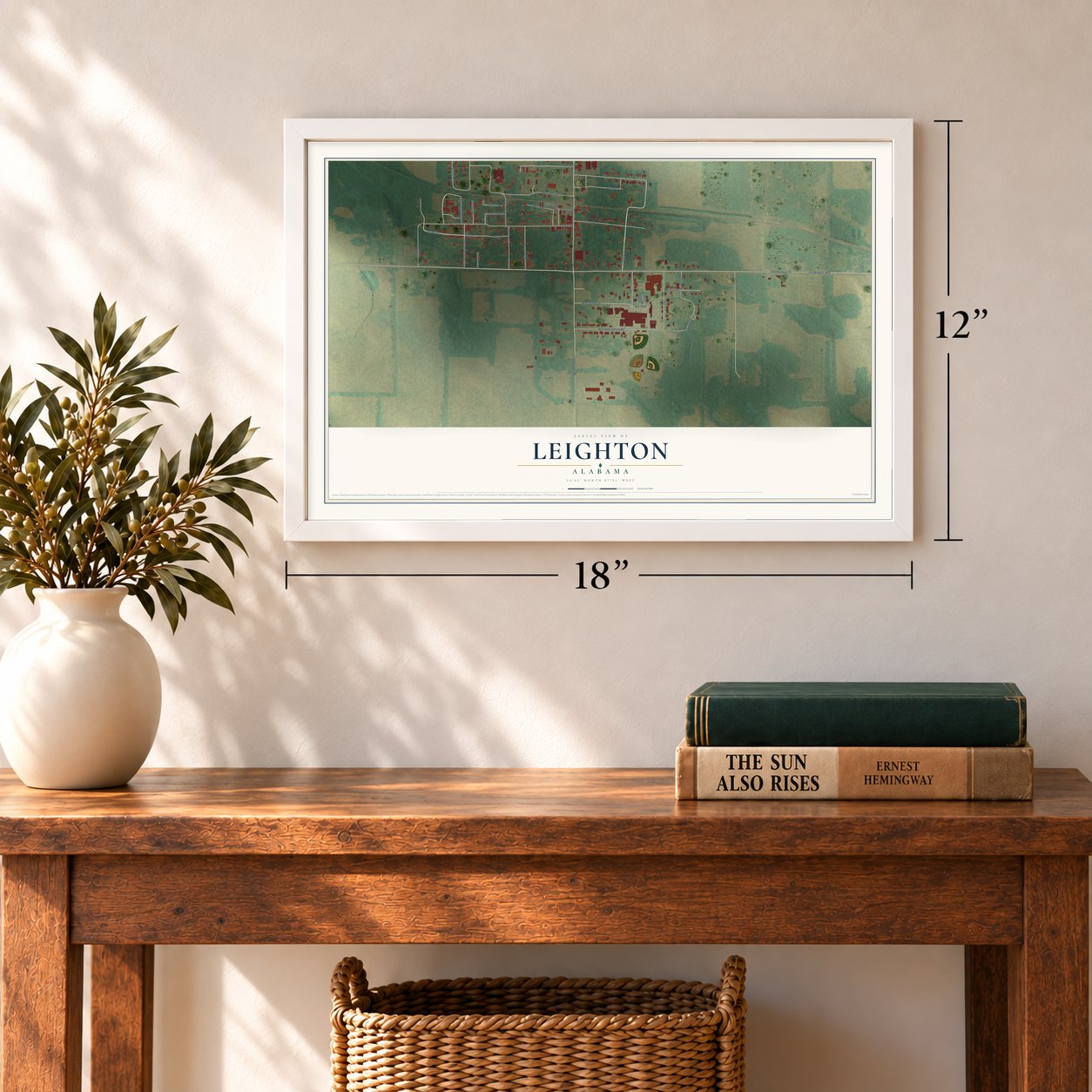 Leighton, Alabama map, 12 x 18 inch print in a white frame in an entryway