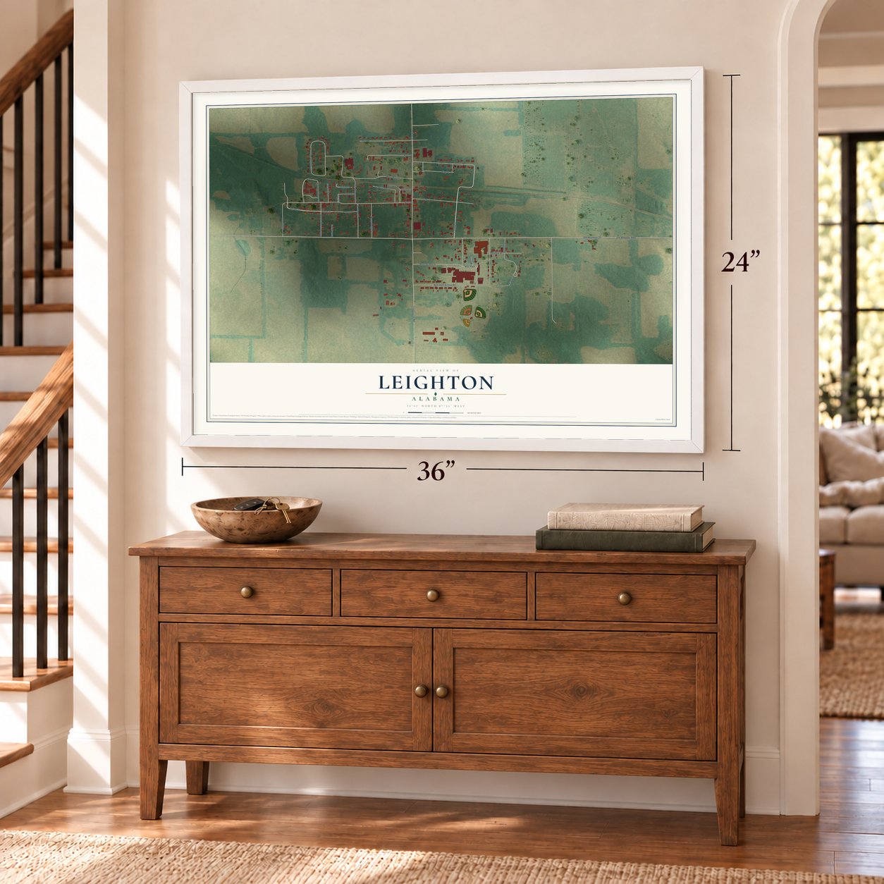 Leighton, Alabama map, 24 x 36 inch print in a white frame above a dresser by a staircase