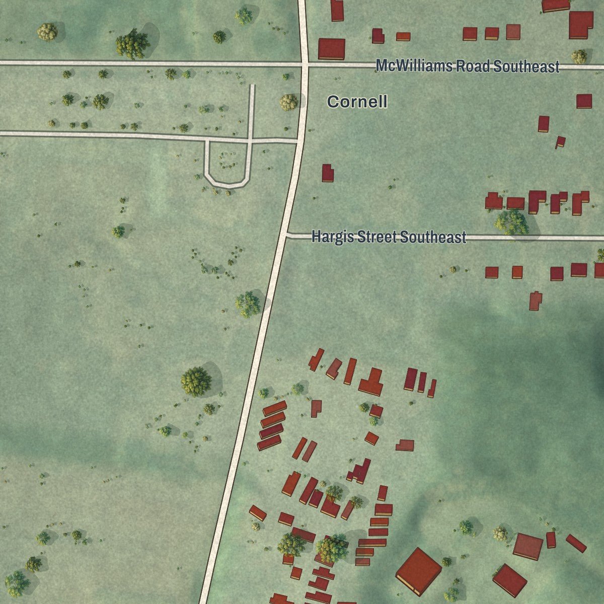 Second close-up of the map of Leila Valley, Georgia print showing more streets and buildings