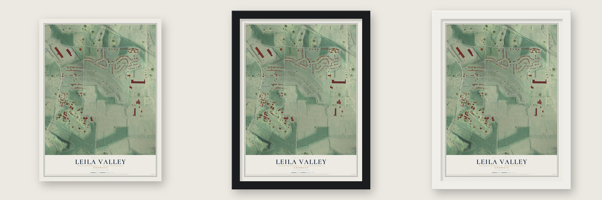 Leila Valley, Georgia map unframed, in a black wood frame and in a white wood frame