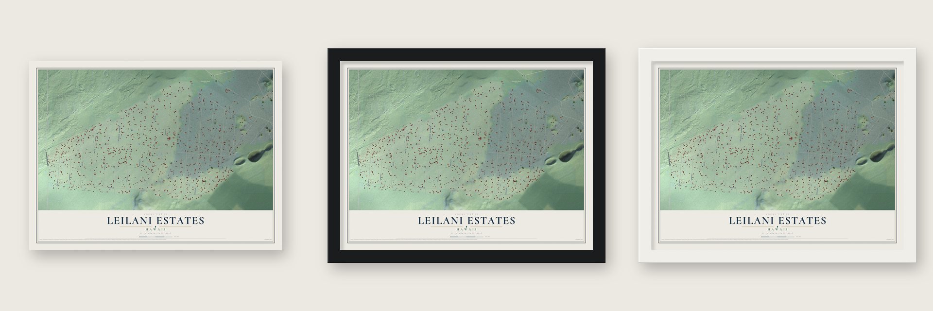 Leilani Estates, Hawaii map unframed, in a black wood frame and in a white wood frame