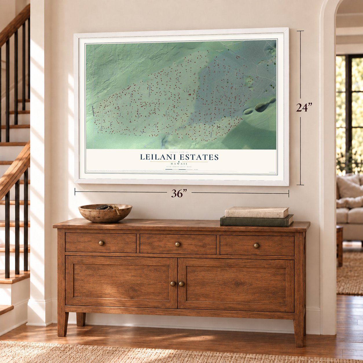 Leilani Estates, Hawaii map, 24 x 36 inch print in a white frame above a dresser by a staircase