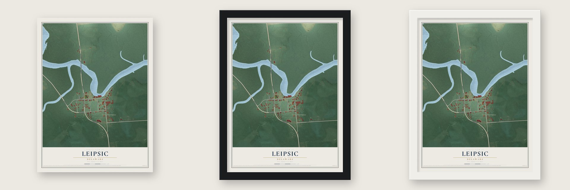 Leipsic, Delaware map unframed, in a black wood frame and in a white wood frame