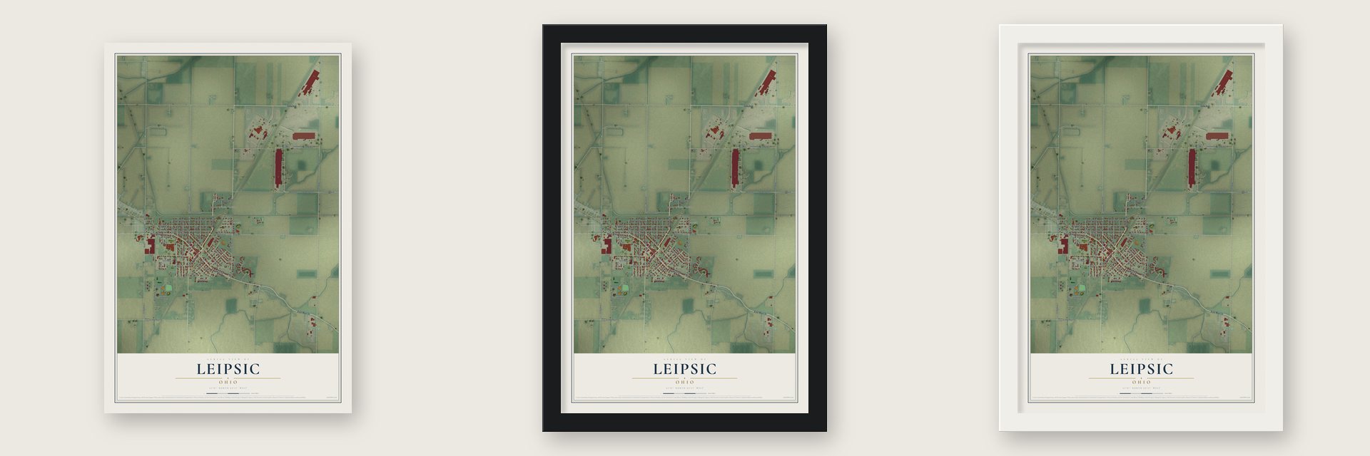 Leipsic, Ohio map unframed, in a black wood frame and in a white wood frame