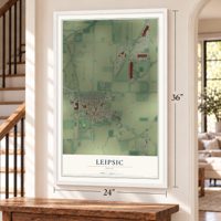 Leipsic, Ohio map, 24 x 36 inch print in a white frame by a staircase