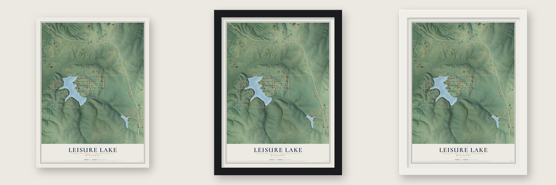 Leisure Lake, Missouri map unframed, in a black wood frame and in a white wood frame