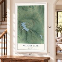 Leisure Lake, Missouri map, 24 x 36 inch print in a white frame by a staircase