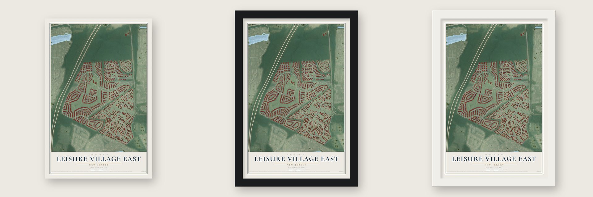 Leisure Village East, New Jersey map unframed, in a black wood frame and in a white wood frame