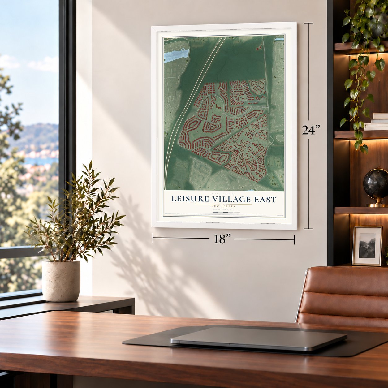 Leisure Village East, New Jersey map, 18 x 24 inch print in a white frame in a home office