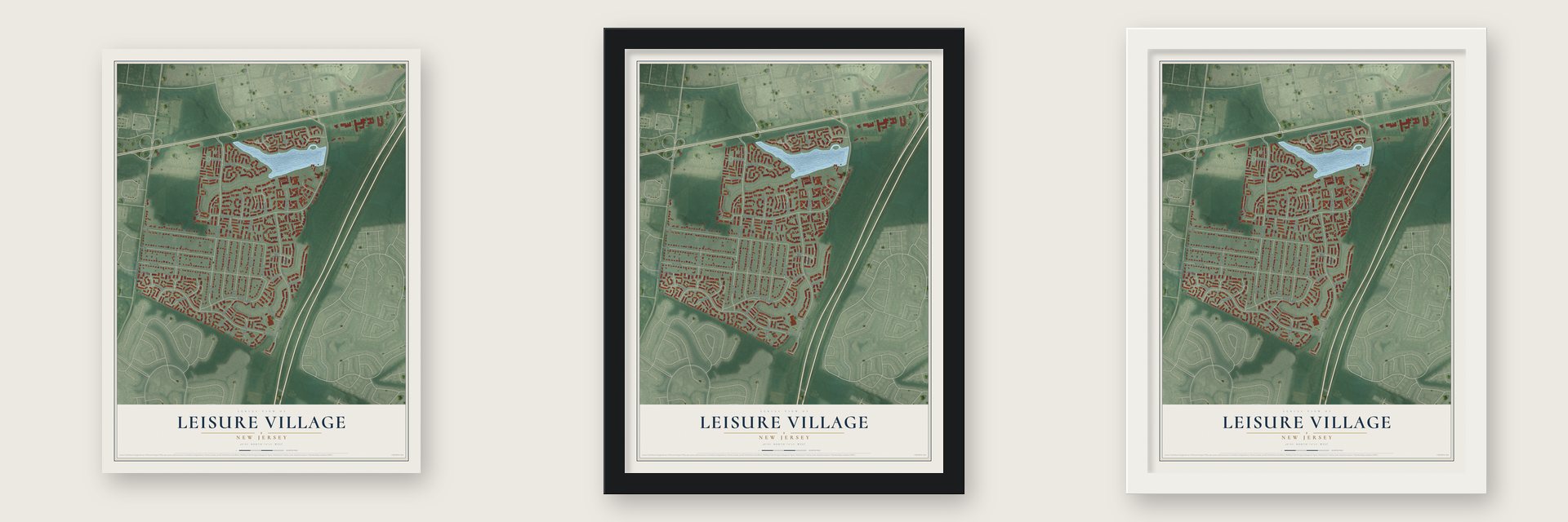 Leisure Village, New Jersey map unframed, in a black wood frame and in a white wood frame