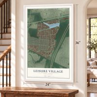 Leisure Village, New Jersey map, 24 x 36 inch print in a white frame by a staircase