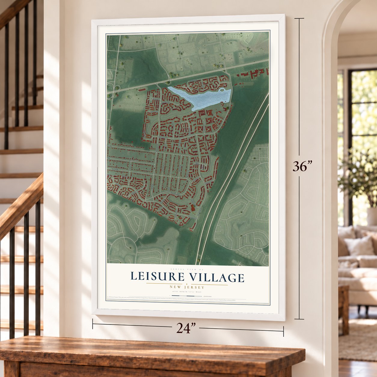 Leisure Village, New Jersey map, 24 x 36 inch print in a white frame by a staircase