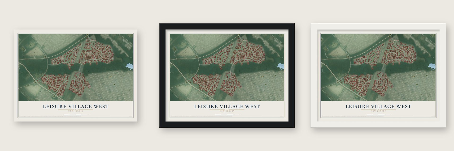 Leisure Village West, New Jersey map unframed, in a black wood frame and in a white wood frame