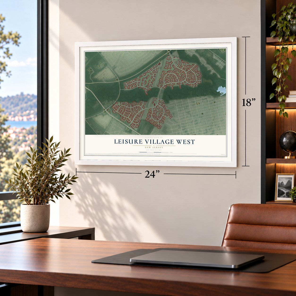 Leisure Village West, New Jersey map, 18 x 24 inch print in a white frame in a home office
