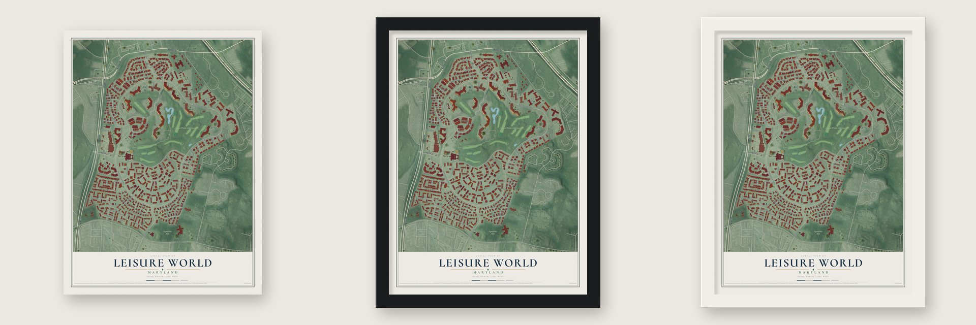 Leisure World, Maryland map unframed, in a black wood frame and in a white wood frame