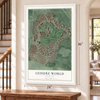Leisure World, Maryland map, 24 x 36 inch print in a white frame by a staircase