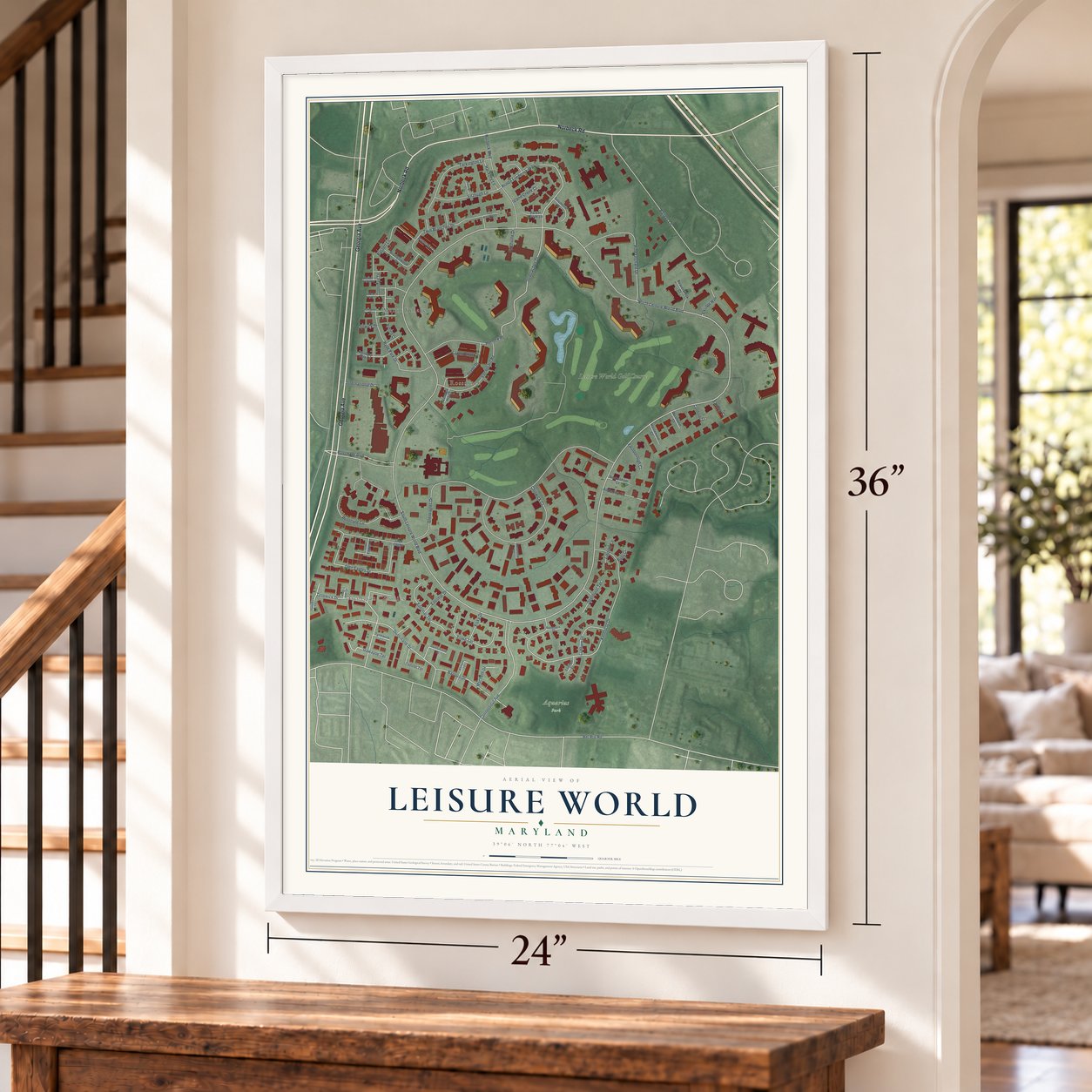 Leisure World, Maryland map, 24 x 36 inch print in a white frame by a staircase