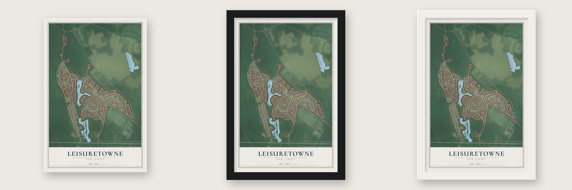 Leisuretowne, New Jersey map unframed, in a black wood frame and in a white wood frame