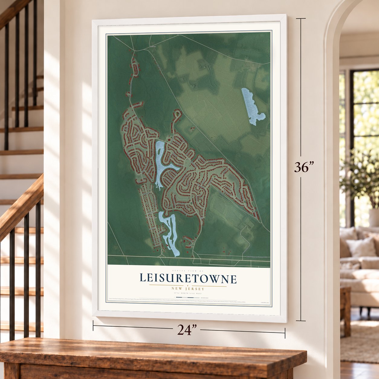 Leisuretowne, New Jersey map, 24 x 36 inch print in a white frame by a staircase