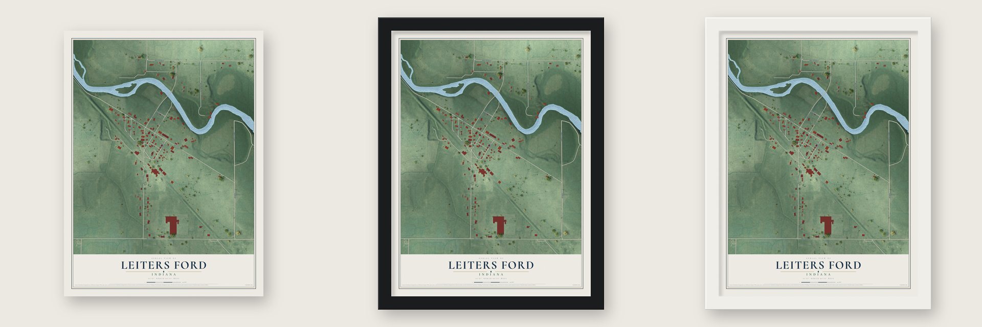 Leiters Ford, Indiana map unframed, in a black wood frame and in a white wood frame