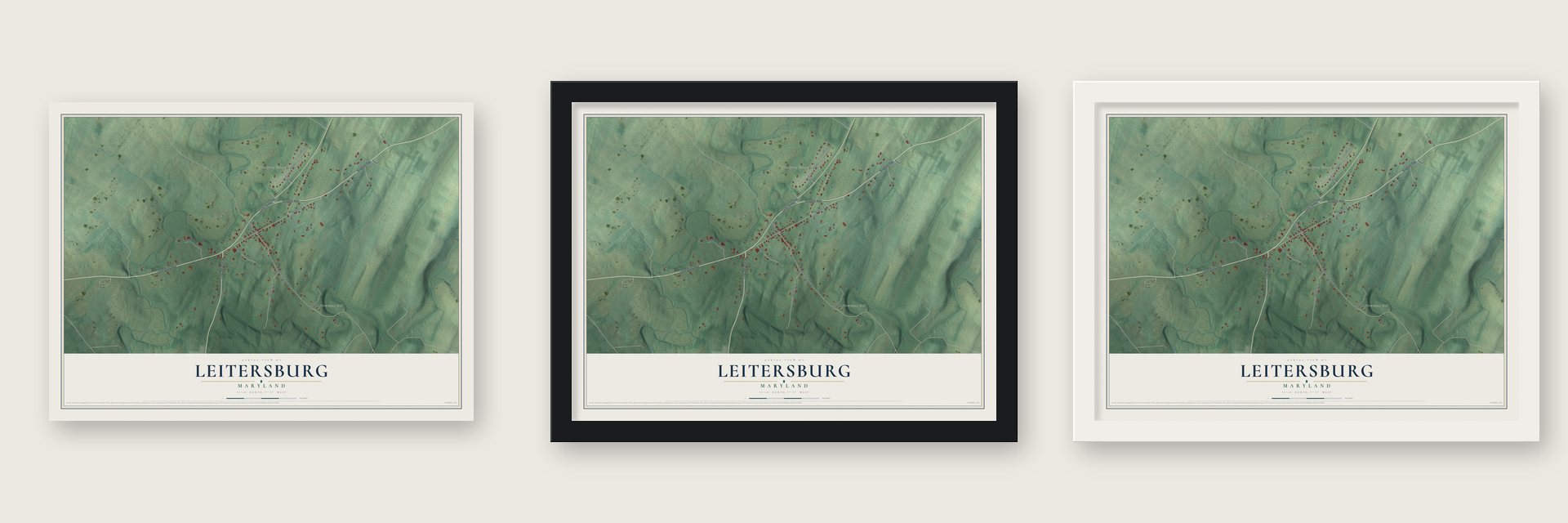 Leitersburg, Maryland map unframed, in a black wood frame and in a white wood frame