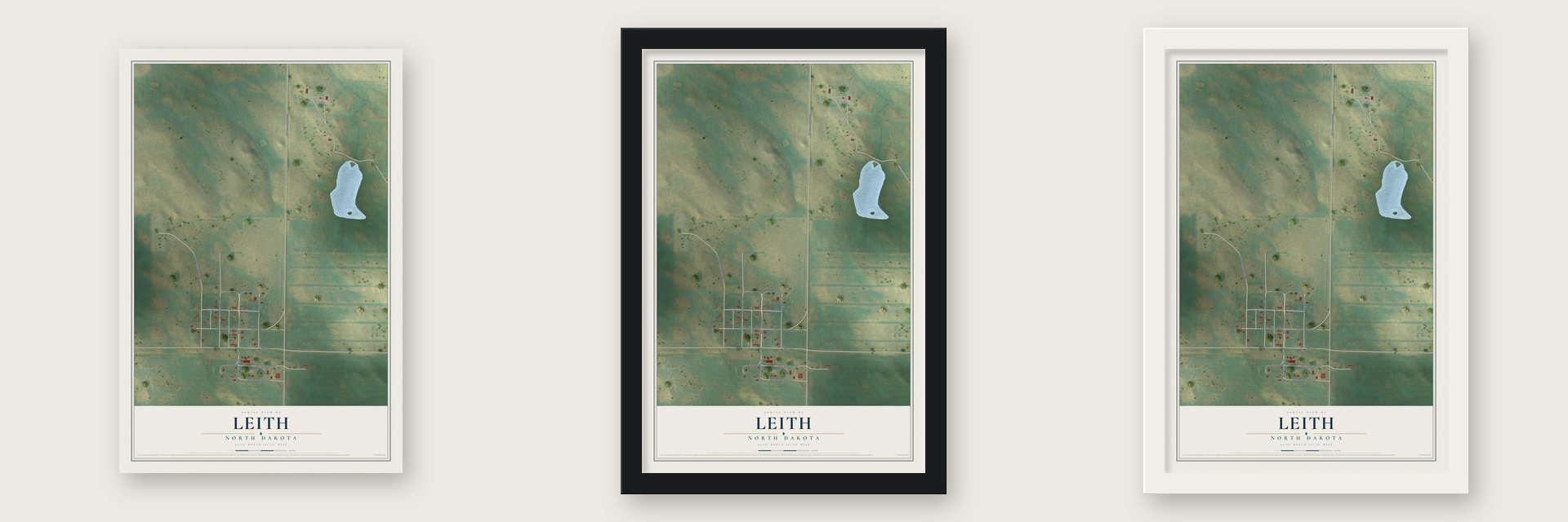 Leith, North Dakota map unframed, in a black wood frame and in a white wood frame
