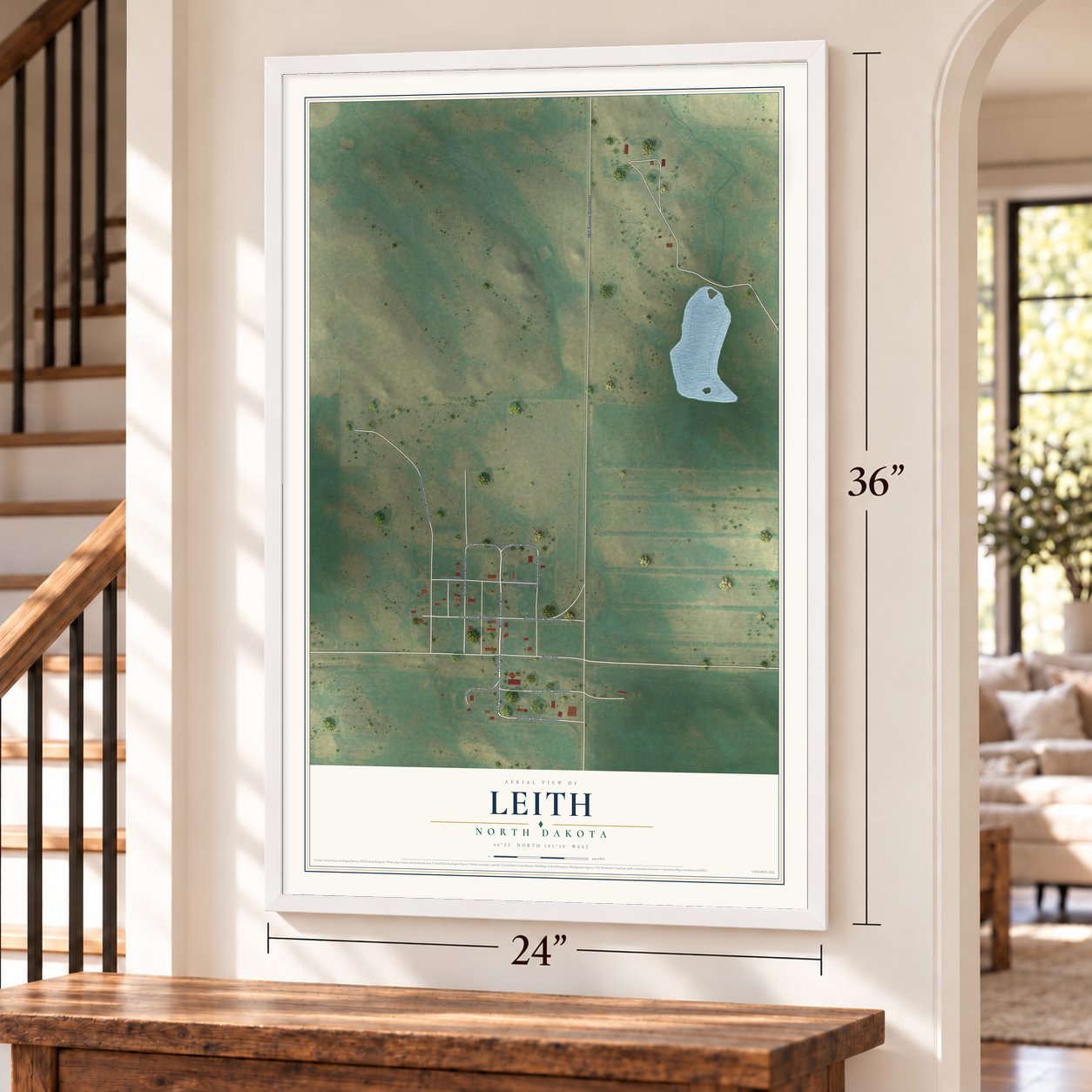 Leith, North Dakota map, 24 x 36 inch print in a white frame by a staircase