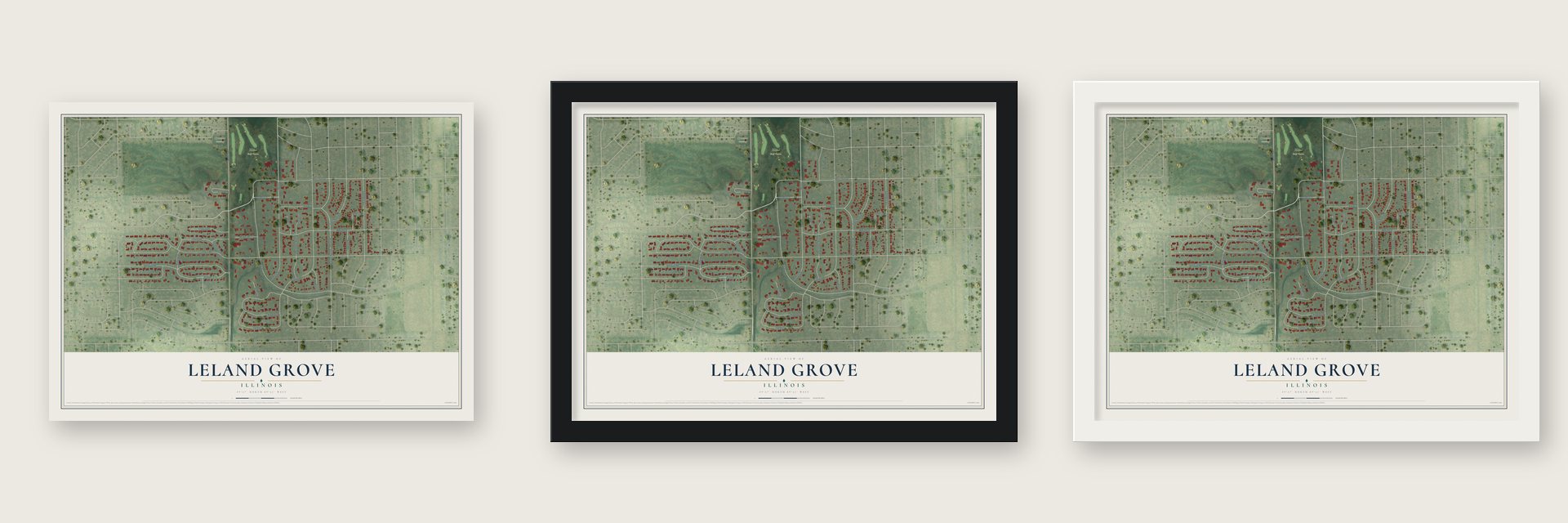Leland Grove, Illinois map unframed, in a black wood frame and in a white wood frame