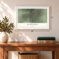 Leland Grove, Illinois map, 12 x 18 inch print in a white frame in an entryway