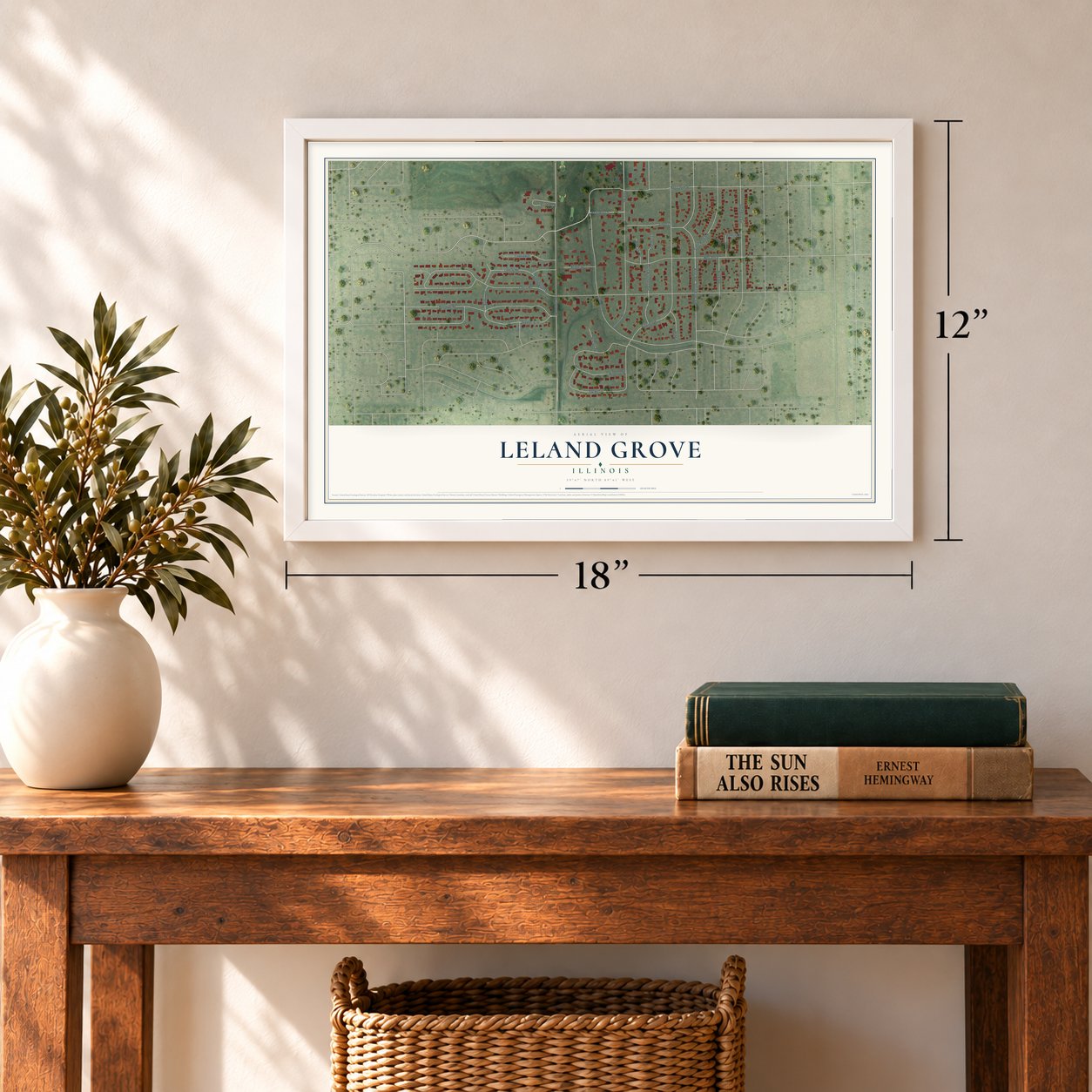 Leland Grove, Illinois map, 12 x 18 inch print in a white frame in an entryway