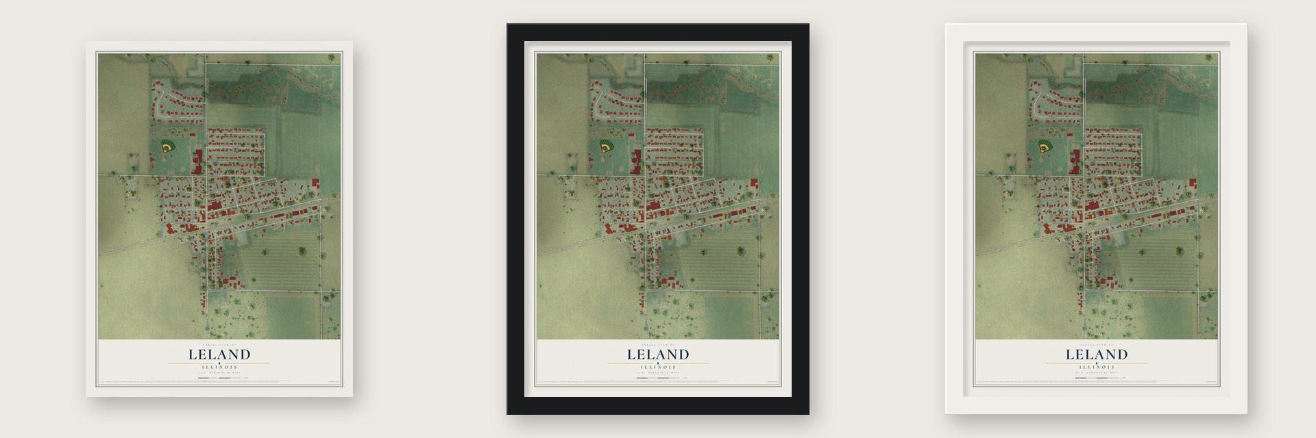 Leland, Illinois map unframed, in a black wood frame and in a white wood frame