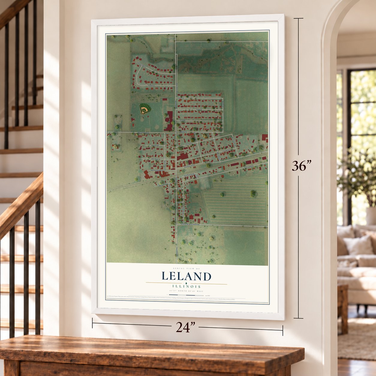 Leland, Illinois map, 24 x 36 inch print in a white frame by a staircase