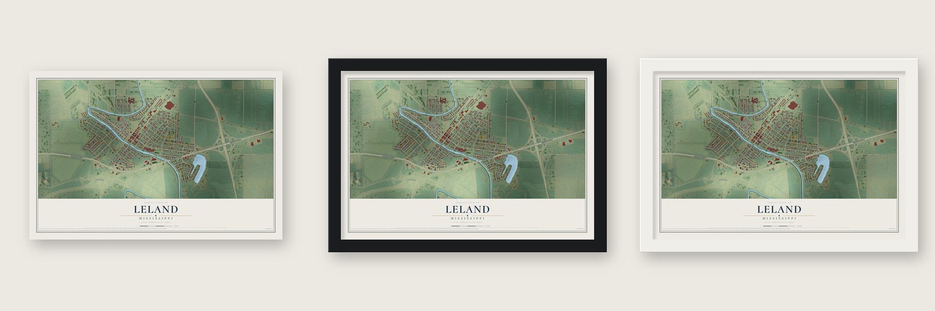 Leland, Mississippi map unframed, in a black wood frame and in a white wood frame