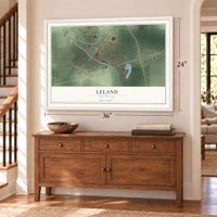 Leland, Mississippi map, 24 x 36 inch print in a white frame above a dresser by a staircase