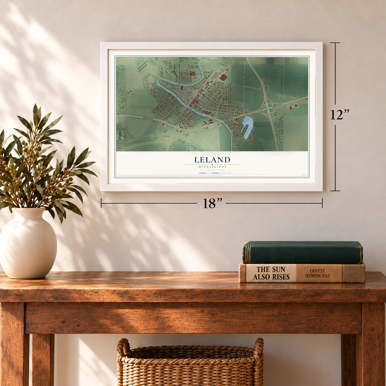Leland, Mississippi map, 12 x 18 inch print in a white frame in an entryway
