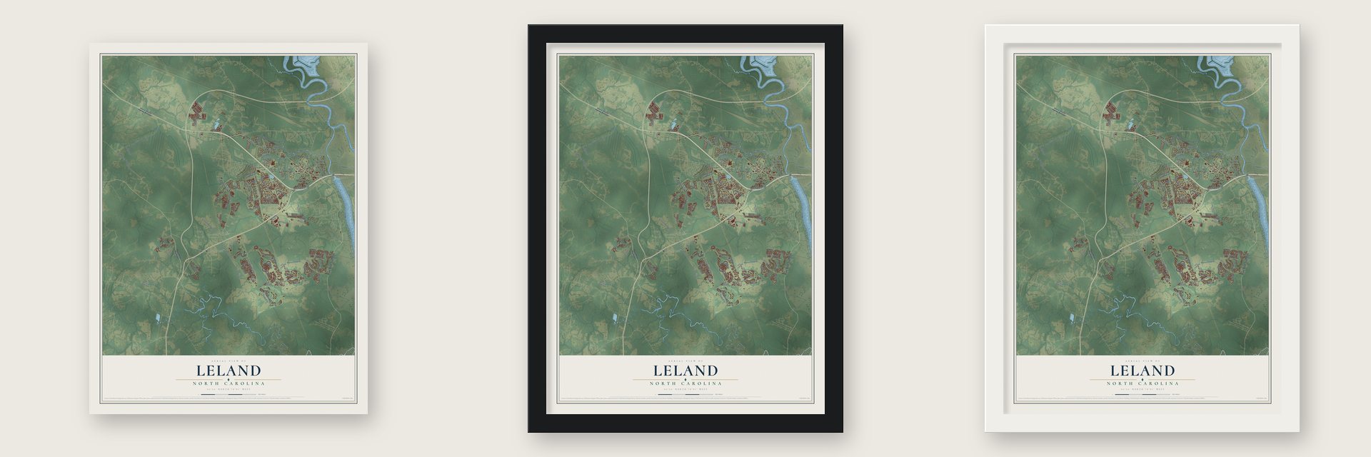 Leland, North Carolina map unframed, in a black wood frame and in a white wood frame