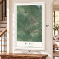 Leland, North Carolina map, 24 x 36 inch print in a white frame by a staircase