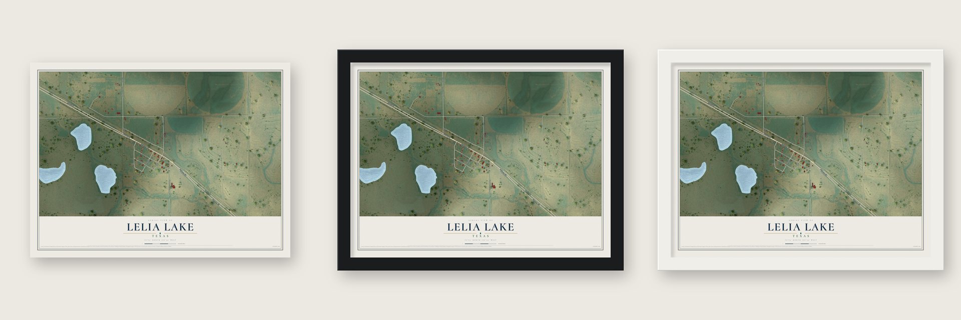 Lelia Lake, Texas map unframed, in a black wood frame and in a white wood frame